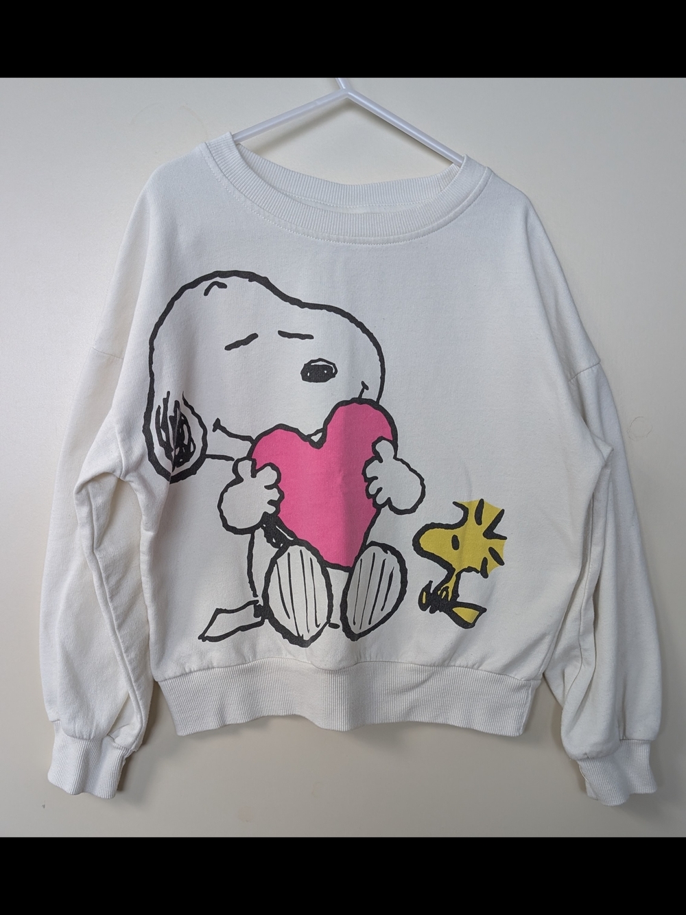 PEANUTS Girls M (7-8) White Pink Snoopy  Woodstock Heart Sweatshirt Valentine